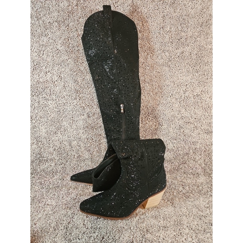 Black Rhinestone Studded Knee High Cowboy Boots. NIB . Size 7
